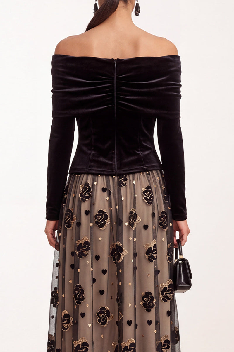 Laden Sie das Bild in den Galerie-Viewer, Schwarzes Champagner Samt A-Linie Off-the-shoulder Gerafftes Tüll Langarm Midi Hochzeitsgastkleid