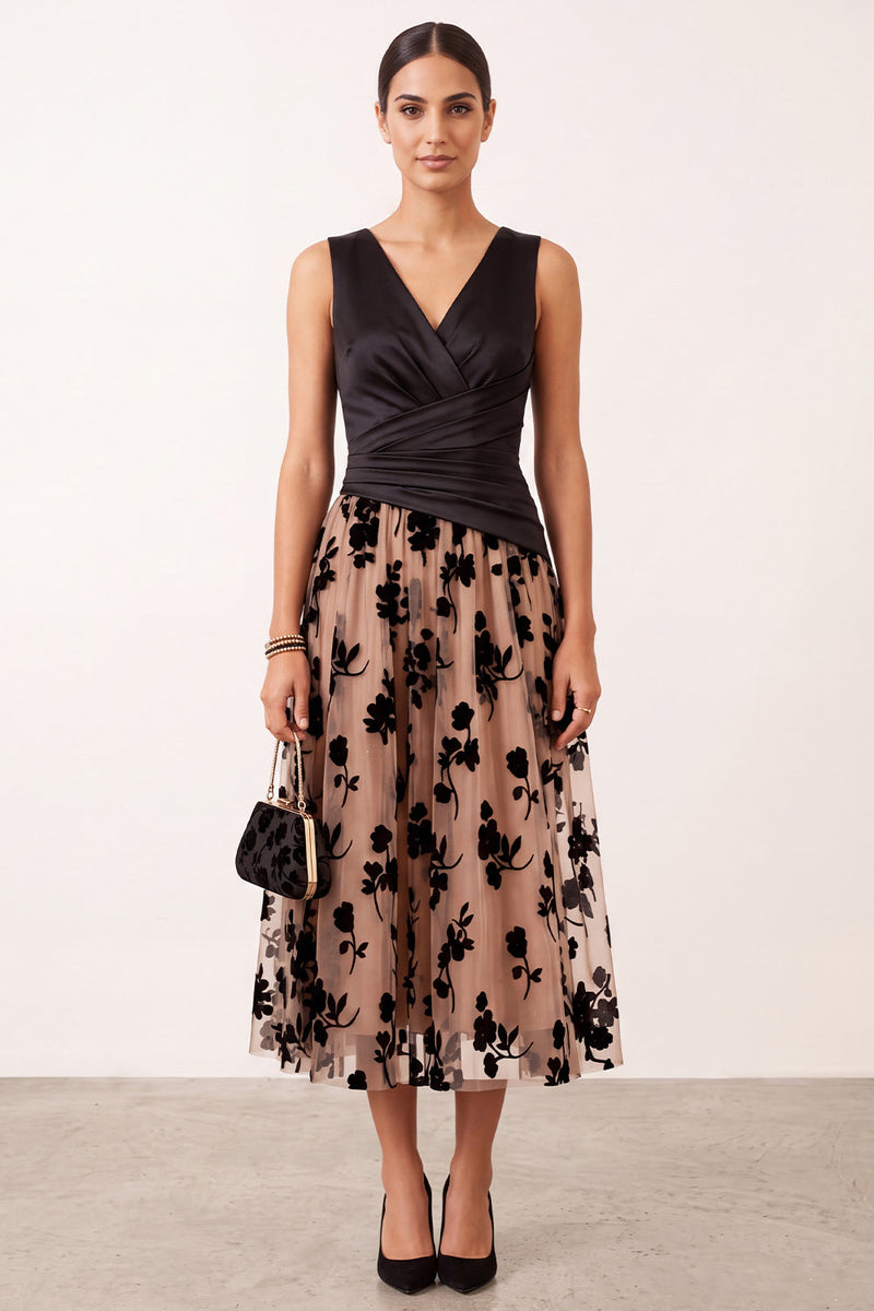 Laden Sie das Bild in den Galerie-Viewer, Schwarzer Champagner Satin A-Linie V-Ausschnitt Blumen Tüll Midi Hochzeitsgastkleid
