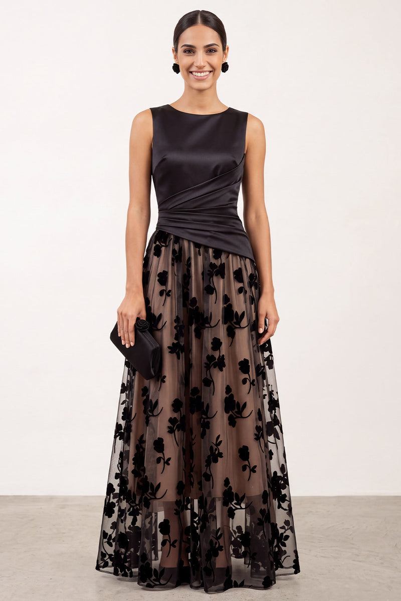 Laden Sie das Bild in den Galerie-Viewer, Schwarzes A-Linie Bateau-Hals Satin Florales Langes Festliches Kleid