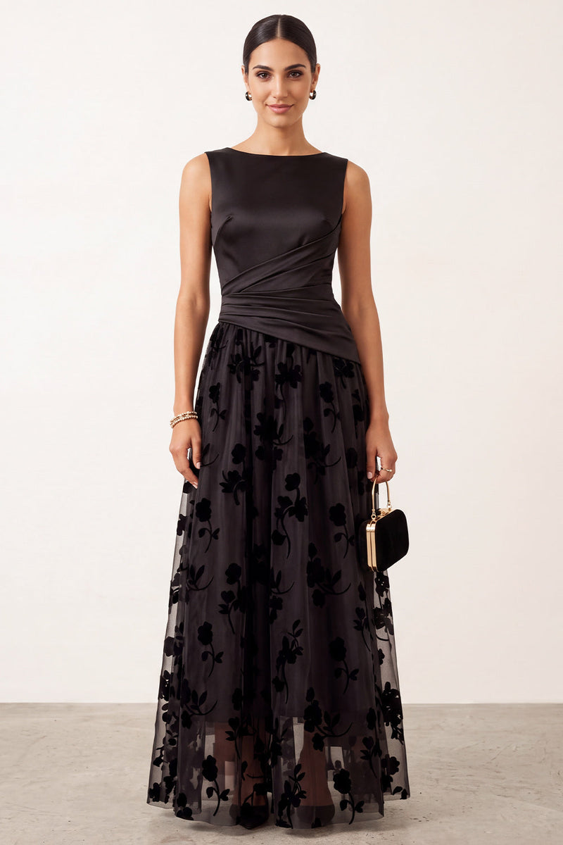 Laden Sie das Bild in den Galerie-Viewer, Schwarzes A-Linie Bateau-Hals Satin Florales Langes Festliches Kleid