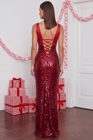 Laden Sie das Bild in den Galerie-Viewer, Glitzerndes Rotes Pailletten Meerjungfrauen Satin V-Ausschnitt Langes Weihnachtsfestkleid