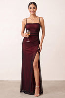 Laden Sie das Bild in den Galerie-Viewer, Schwarze Rote Scheidenträger Spaghettiträger Langes Abendkleid mit Schlitz