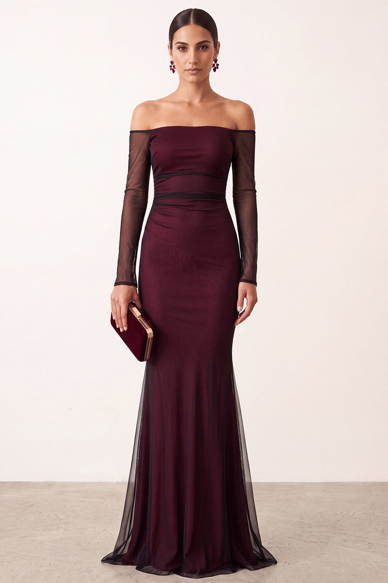 Laden Sie das Bild in den Galerie-Viewer, Rotes Meerjungfrau Schulterloses Transparentes Langes Langärmeliges Festkleid