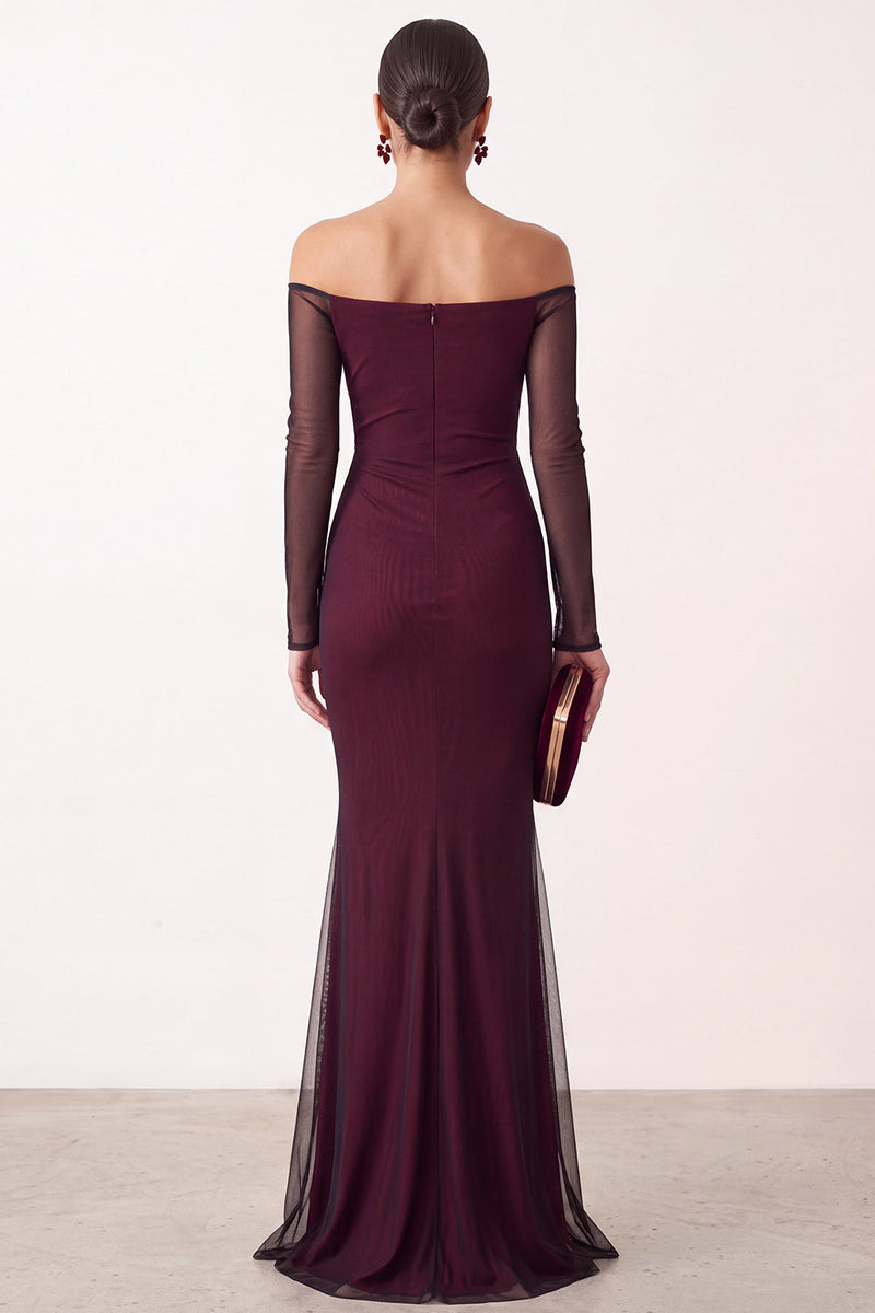 Laden Sie das Bild in den Galerie-Viewer, Rotes Meerjungfrau Schulterloses Transparentes Langes Langärmeliges Festkleid