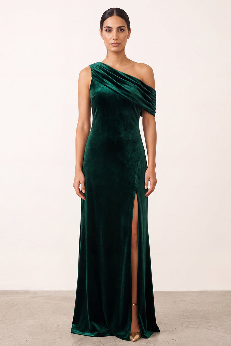 Laden Sie das Bild in den Galerie-Viewer, Dunkelgrünes Samt Scheide Asymmetrisches Einschulter Langes Festkleid mit Schlitz