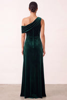 Laden Sie das Bild in den Galerie-Viewer, Dunkelgrünes Samt Scheide Asymmetrisches Einschulter Langes Festkleid mit Schlitz