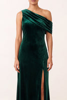 Laden Sie das Bild in den Galerie-Viewer, Dunkelgrünes Samt Scheide Asymmetrisches Einschulter Langes Festkleid mit Schlitz