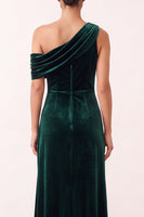 Laden Sie das Bild in den Galerie-Viewer, Dunkelgrünes Samt Scheide Asymmetrisches Einschulter Langes Festkleid mit Schlitz