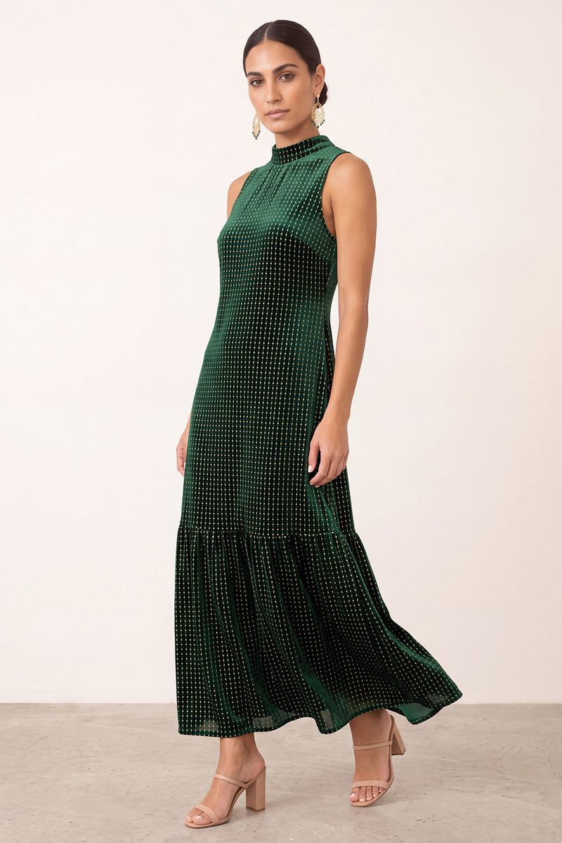 Laden Sie das Bild in den Galerie-Viewer, Dunkelgrünes Samtiges A-Linie Perlen Rüschen Midi Weihnachtsparty-Kleid mit hohem Ausschnitt