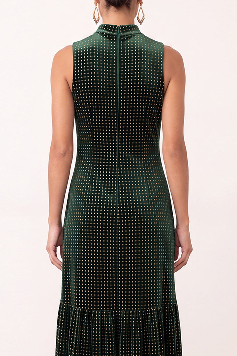 Laden Sie das Bild in den Galerie-Viewer, Dunkelgrünes Samtiges A-Linie Perlen Rüschen Midi Weihnachtsparty-Kleid mit hohem Ausschnitt