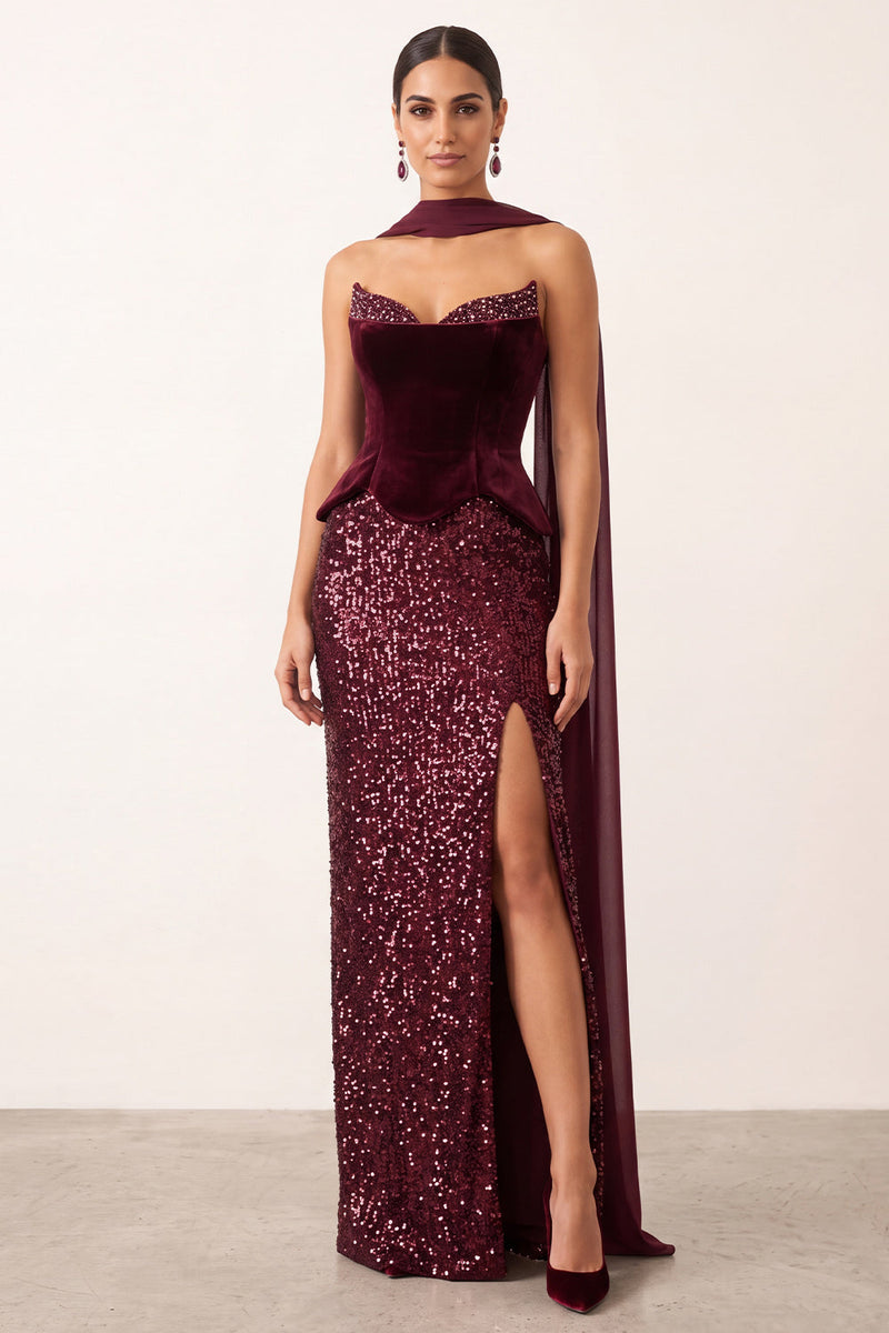 Laden Sie das Bild in den Galerie-Viewer, Burgunderrotes Samt Pailletten Scheiden Langes Weihnachtsfestkleid mit Chiffon-Drapierung
