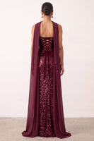 Laden Sie das Bild in den Galerie-Viewer, Burgunderrotes Samt Pailletten Scheiden Langes Weihnachtsfestkleid mit Chiffon-Drapierung