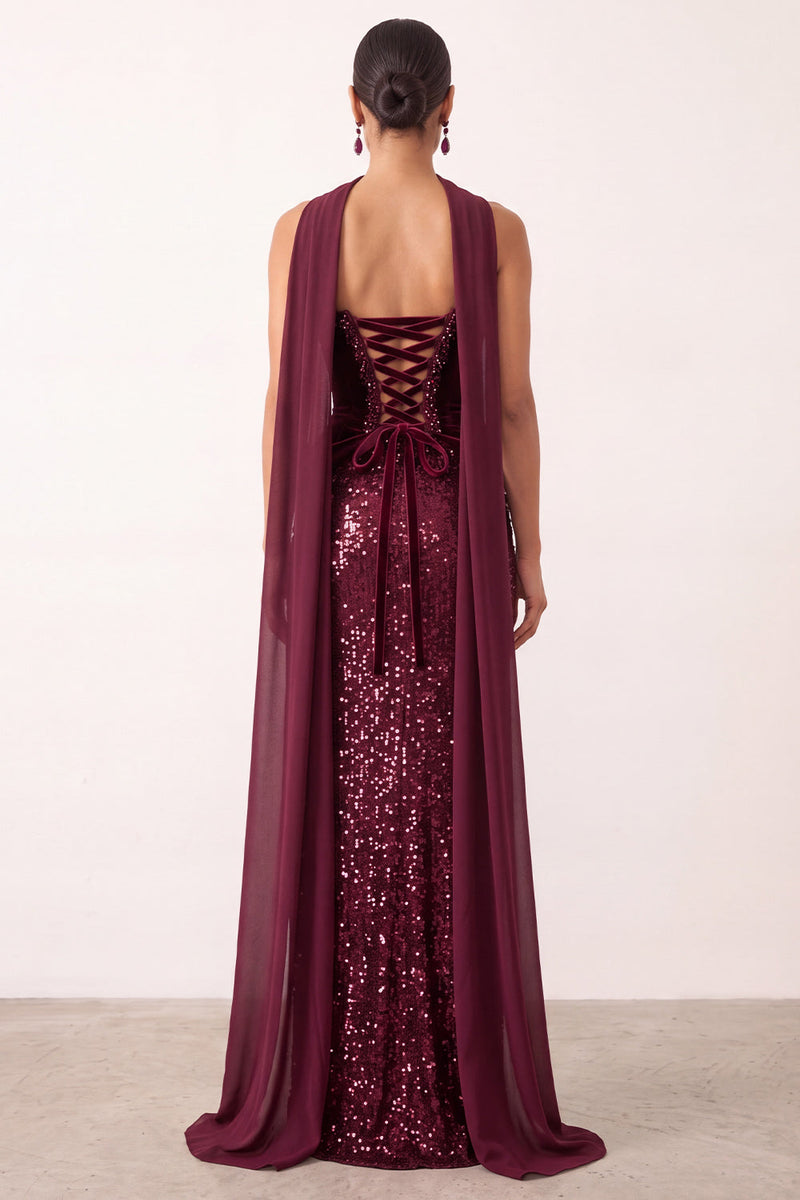 Laden Sie das Bild in den Galerie-Viewer, Burgunderrotes Samt Pailletten Scheiden Langes Weihnachtsfestkleid mit Chiffon-Drapierung