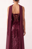 Laden Sie das Bild in den Galerie-Viewer, Burgunderrotes Samt Pailletten Scheiden Langes Weihnachtsfestkleid mit Chiffon-Drapierung