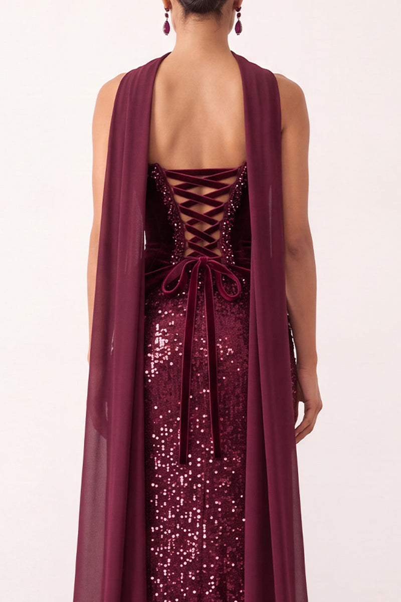 Laden Sie das Bild in den Galerie-Viewer, Burgunderrotes Samt Pailletten Scheiden Langes Weihnachtsfestkleid mit Chiffon-Drapierung