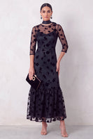 Laden Sie das Bild in den Galerie-Viewer, Schwarzes Meerjungfrauen Illusion Rundhals Blumen Midi-Hochzeitsgastkleid mit 3/4-Ärmeln