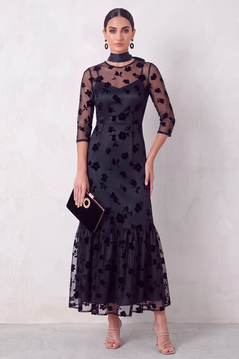 Laden Sie das Bild in den Galerie-Viewer, Schwarzes Meerjungfrauen Illusion Rundhals Blumen Midi-Hochzeitsgastkleid mit 3/4-Ärmeln