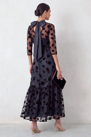 Laden Sie das Bild in den Galerie-Viewer, Schwarzes Meerjungfrauen Illusion Rundhals Blumen Midi-Hochzeitsgastkleid mit 3/4-Ärmeln
