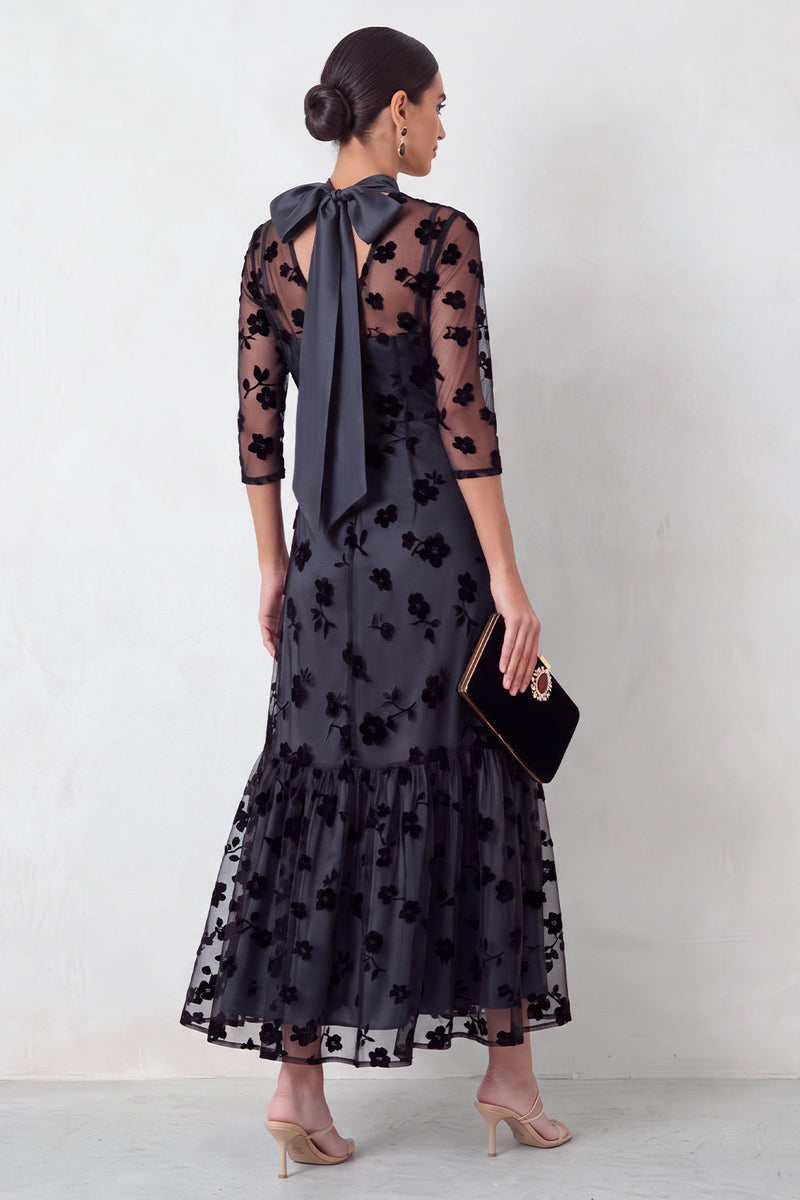 Laden Sie das Bild in den Galerie-Viewer, Schwarzes Meerjungfrauen Illusion Rundhals Blumen Midi-Hochzeitsgastkleid mit 3/4-Ärmeln