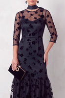 Laden Sie das Bild in den Galerie-Viewer, Schwarzes Meerjungfrauen Illusion Rundhals Blumen Midi-Hochzeitsgastkleid mit 3/4-Ärmeln