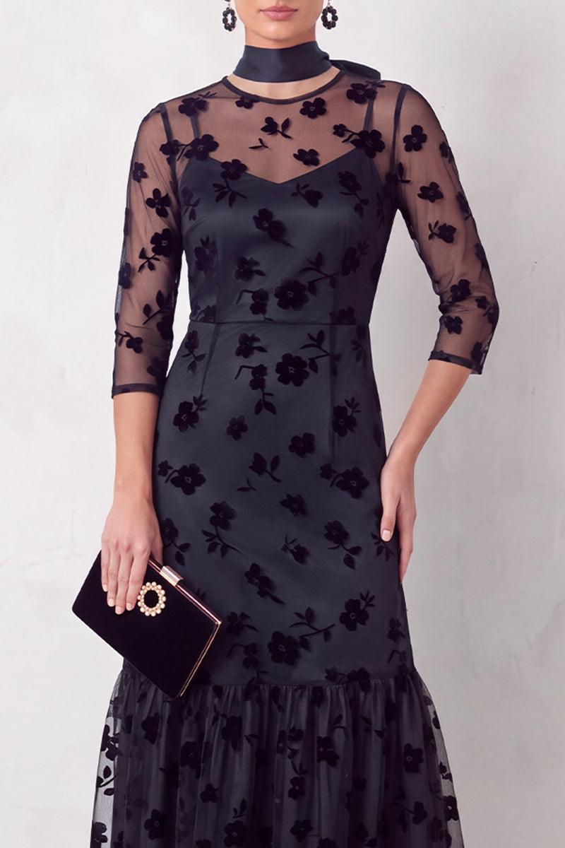 Laden Sie das Bild in den Galerie-Viewer, Schwarzes Meerjungfrauen Illusion Rundhals Blumen Midi-Hochzeitsgastkleid mit 3/4-Ärmeln