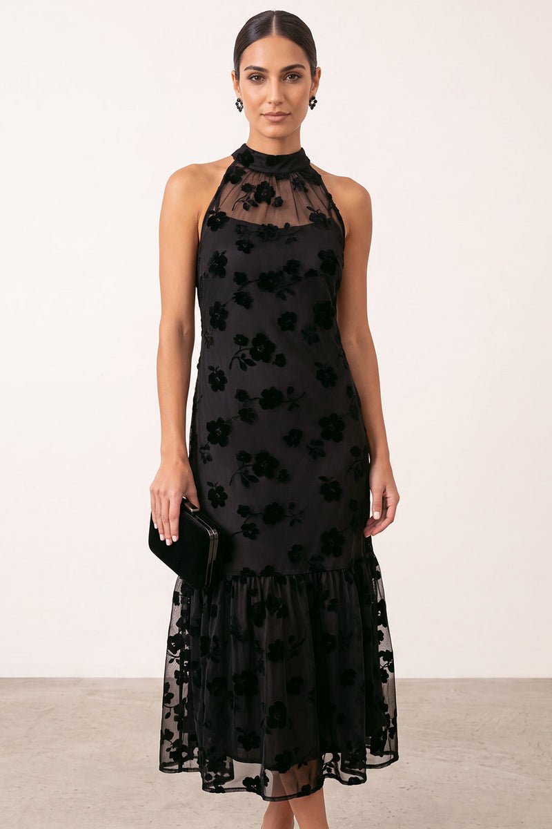Laden Sie das Bild in den Galerie-Viewer, Schwarzes A-Linie Halter Blumen Illusions Tüll Midi Hochzeitsgastkleid