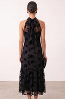 Laden Sie das Bild in den Galerie-Viewer, Schwarzes A-Linie Halter Blumen Illusions Tüll Midi Hochzeitsgastkleid