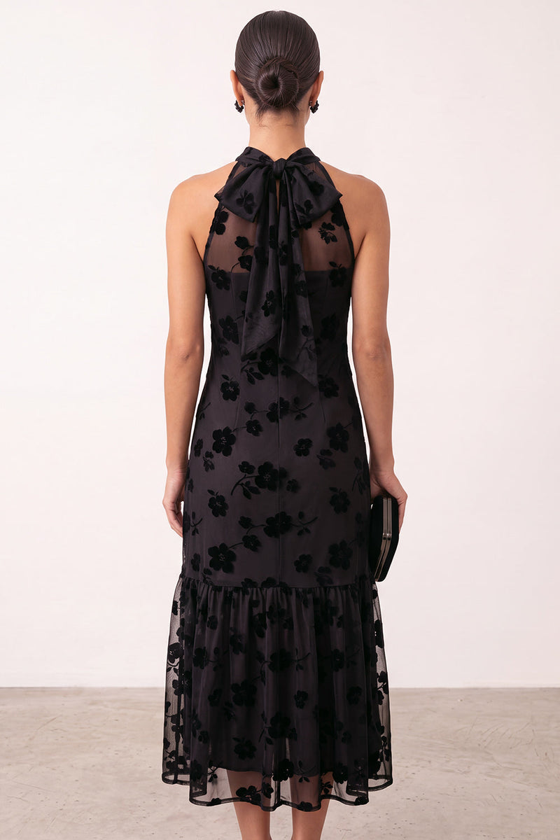 Laden Sie das Bild in den Galerie-Viewer, Schwarzes A-Linie Halter Blumen Illusions Tüll Midi Hochzeitsgastkleid