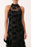Laden Sie das Bild in den Galerie-Viewer, Schwarzes A-Linie Halter Blumen Illusions Tüll Midi Hochzeitsgastkleid