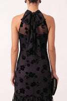 Laden Sie das Bild in den Galerie-Viewer, Schwarzes A-Linie Halter Blumen Illusions Tüll Midi Hochzeitsgastkleid