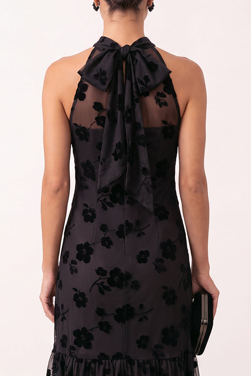 Laden Sie das Bild in den Galerie-Viewer, Schwarzes A-Linie Halter Blumen Illusions Tüll Midi Hochzeitsgastkleid