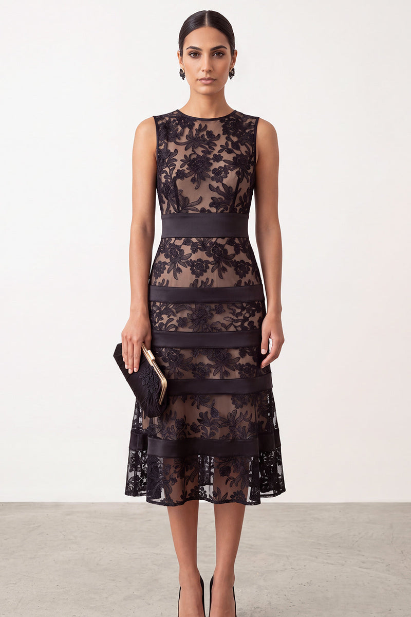 Laden Sie das Bild in den Galerie-Viewer, Schwarzes A-Linie Rundhals Stickstoff Satin Midi Blumenkleid