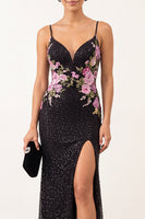 Laden Sie das Bild in den Galerie-Viewer, Schwarzes Scheide Geblümte Perlen Spaghettiträger Langes Festliches Kleid mit Schlitz