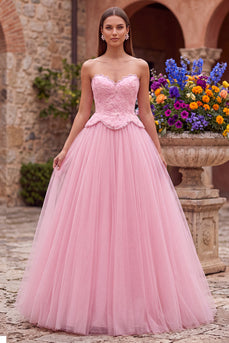 Rosa A-Linie Tüllstickerei, trägerloses langes Abschlussballkleid mit Perlenbestickung