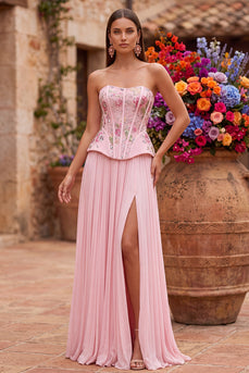 Rosa Korsett, A-Linie geblümte Pailletten, plissiertes, trägerloses langes Abschlussballkleid mit seitlichem Schlitz
