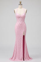 Laden Sie das Bild in den Galerie-Viewer, Pinkes Korsett-Neckholder-Meerjungfrauen-Perlen-Satinperlen-Rückenloses langes Abschlussballkleid mit Schlitz