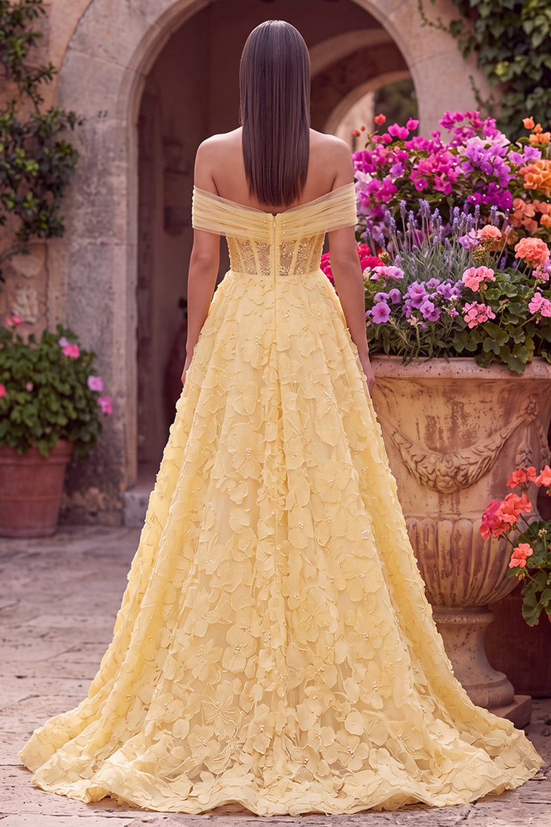 Laden Sie das Bild in den Galerie-Viewer, Schulterloses A-Linien-Trägerloses Blumensticker-Perlen-Tüllgelbe Abschlussballkleid