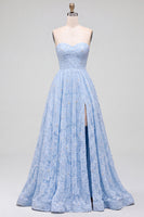 Laden Sie das Bild in den Galerie-Viewer, Blaues A-Line-Trägerloses langes Abschlussballkleid mit Blumenperlen und Schlitz