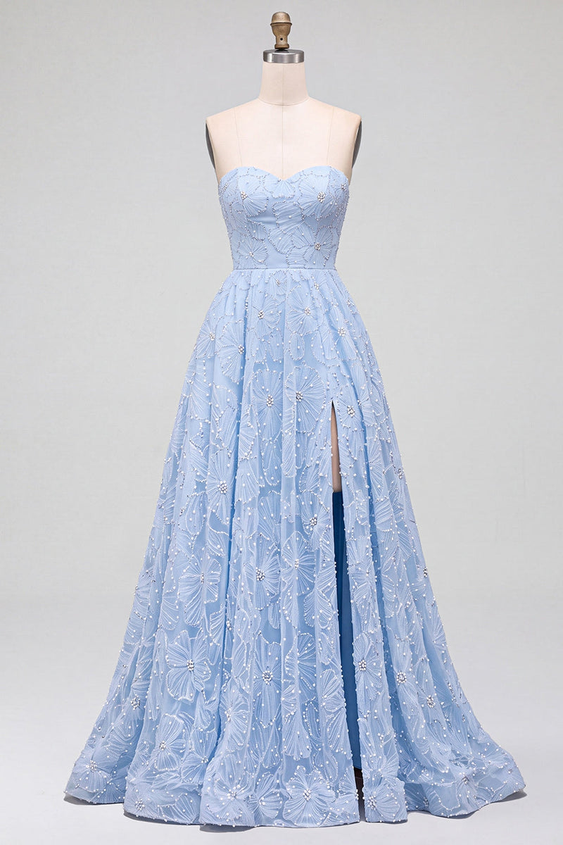 Laden Sie das Bild in den Galerie-Viewer, Blaues A-Line-Trägerloses langes Abschlussballkleid mit Blumenperlen und Schlitz