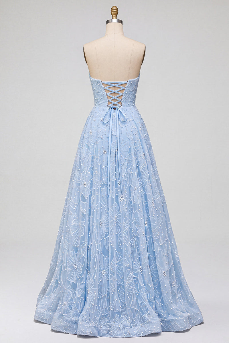 Laden Sie das Bild in den Galerie-Viewer, Blaues A-Line-Trägerloses langes Abschlussballkleid mit Blumenperlen und Schlitz