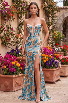 Blaue Blumenpailletten Korsett Meerjungfrauen-Trägerloses langes Abschlussballkleid mit Schlitz