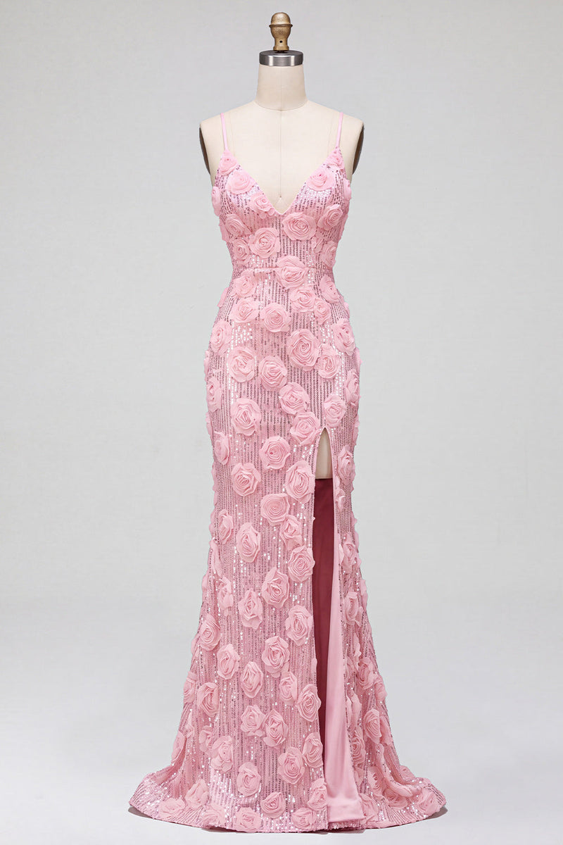 Laden Sie das Bild in den Galerie-Viewer, Rosa Pailletten Meerjungfrau 3D Blumenapplikationen Spaghettiträger Langes Abschlussballkleid mit Schlitz
