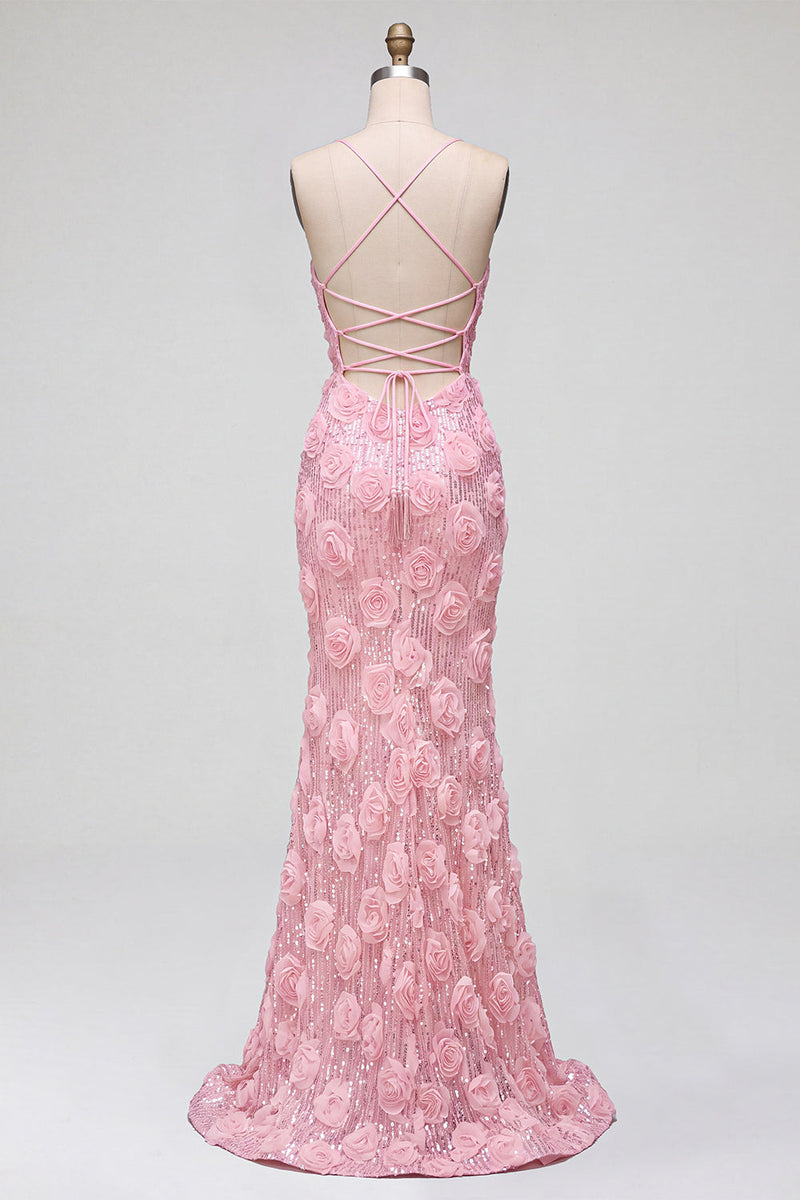 Laden Sie das Bild in den Galerie-Viewer, Rosa Pailletten Meerjungfrau 3D Blumenapplikationen Spaghettiträger Langes Abschlussballkleid mit Schlitz