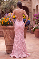 Laden Sie das Bild in den Galerie-Viewer, Rosa Pailletten Meerjungfrau 3D Blumenapplikationen Spaghettiträger Langes Abschlussballkleid mit Schlitz