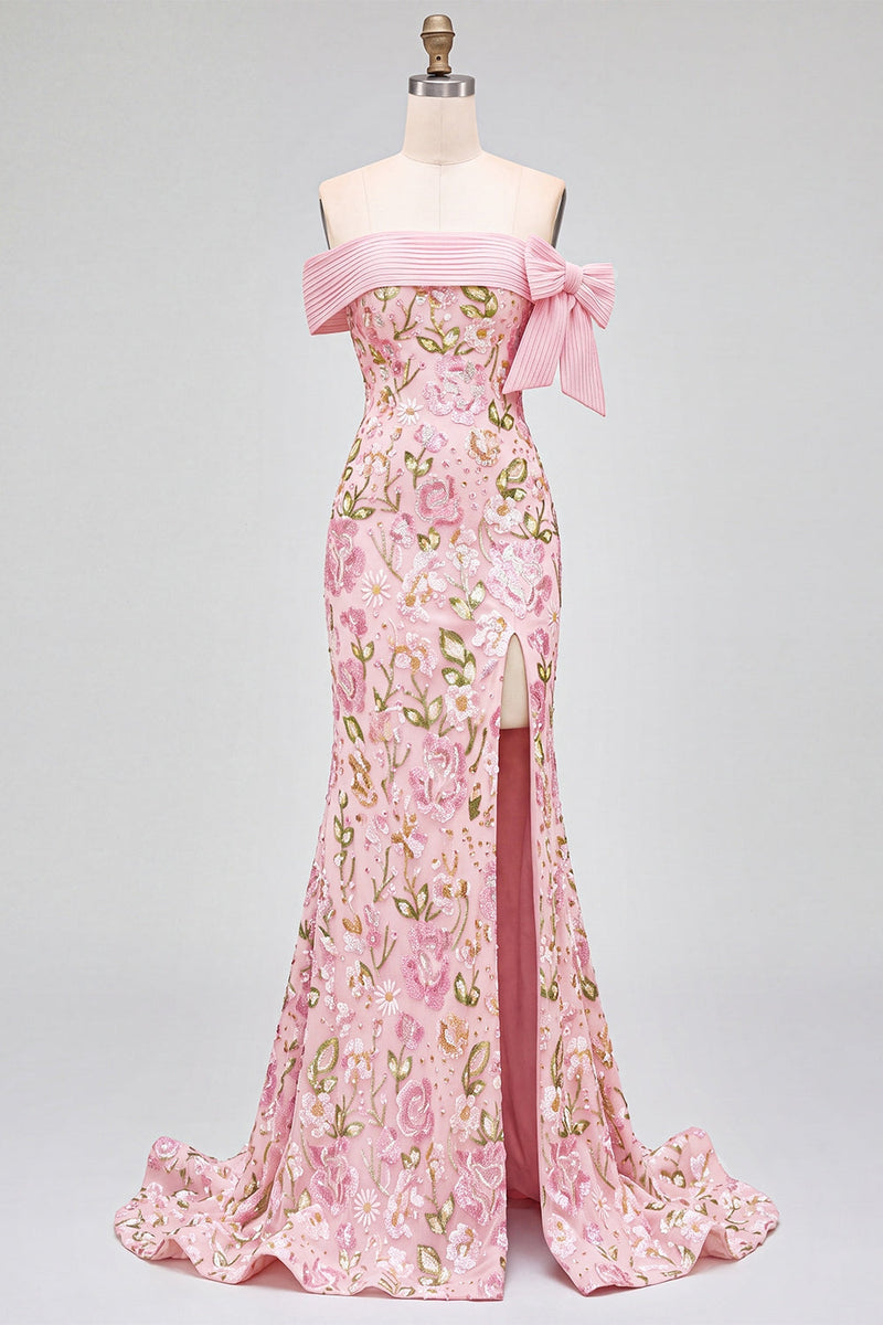 Laden Sie das Bild in den Galerie-Viewer, Off-the-shoulder Meerjungfrauen-Stickerei Pink Abschlussballkleid mit seitlichem Schlitz