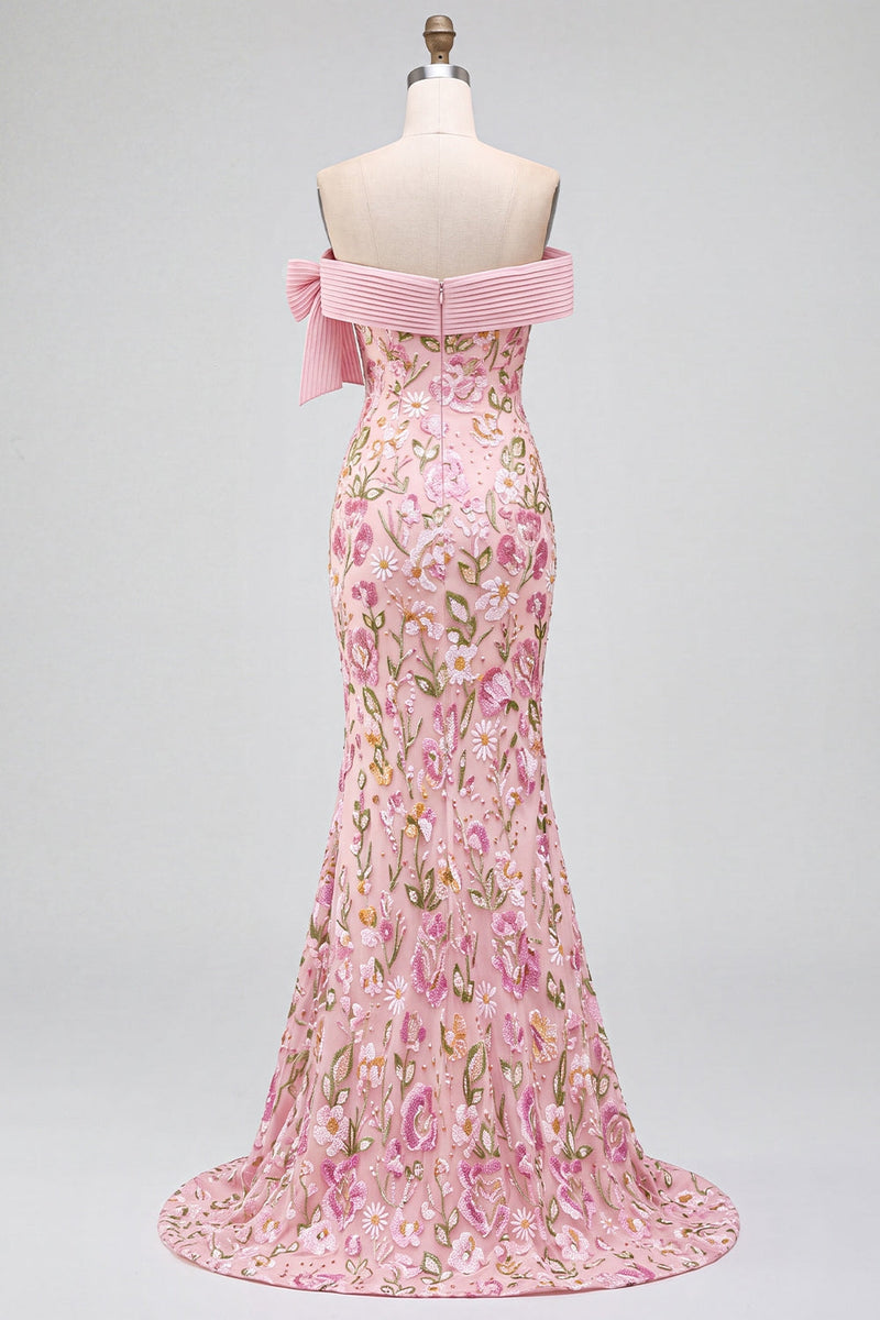 Laden Sie das Bild in den Galerie-Viewer, Off-the-shoulder Meerjungfrauen-Stickerei Pink Abschlussballkleid mit seitlichem Schlitz