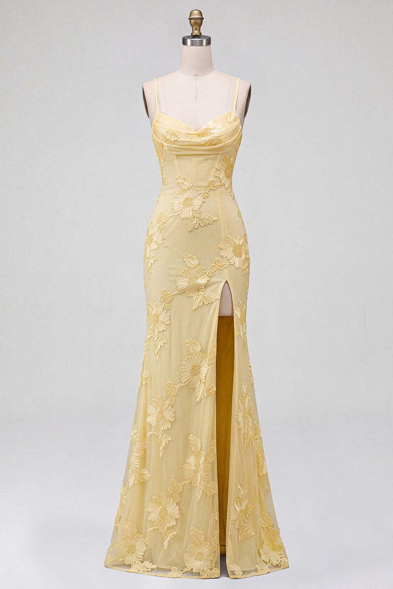 Laden Sie das Bild in den Galerie-Viewer, Gelbes Meerjungfrauen Spaghettiträger Langes Abschlussballkleid mit Schlitz