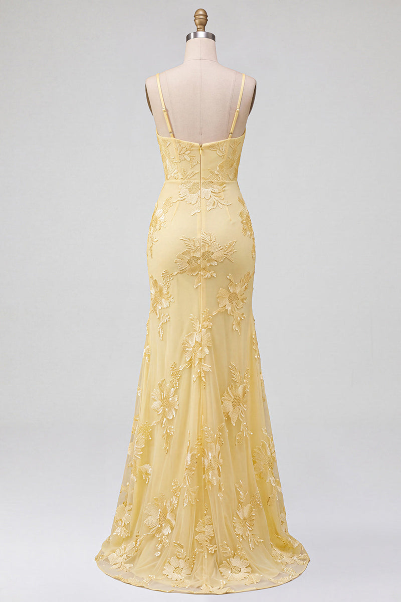 Laden Sie das Bild in den Galerie-Viewer, Gelbes Meerjungfrauen Spaghettiträger Langes Abschlussballkleid mit Schlitz