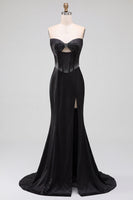 Laden Sie das Bild in den Galerie-Viewer, Satinschwarzes Meerjungfrauen-Cut-out-Korsett-Trägerloses Maxikleid mit Seitenschlitz