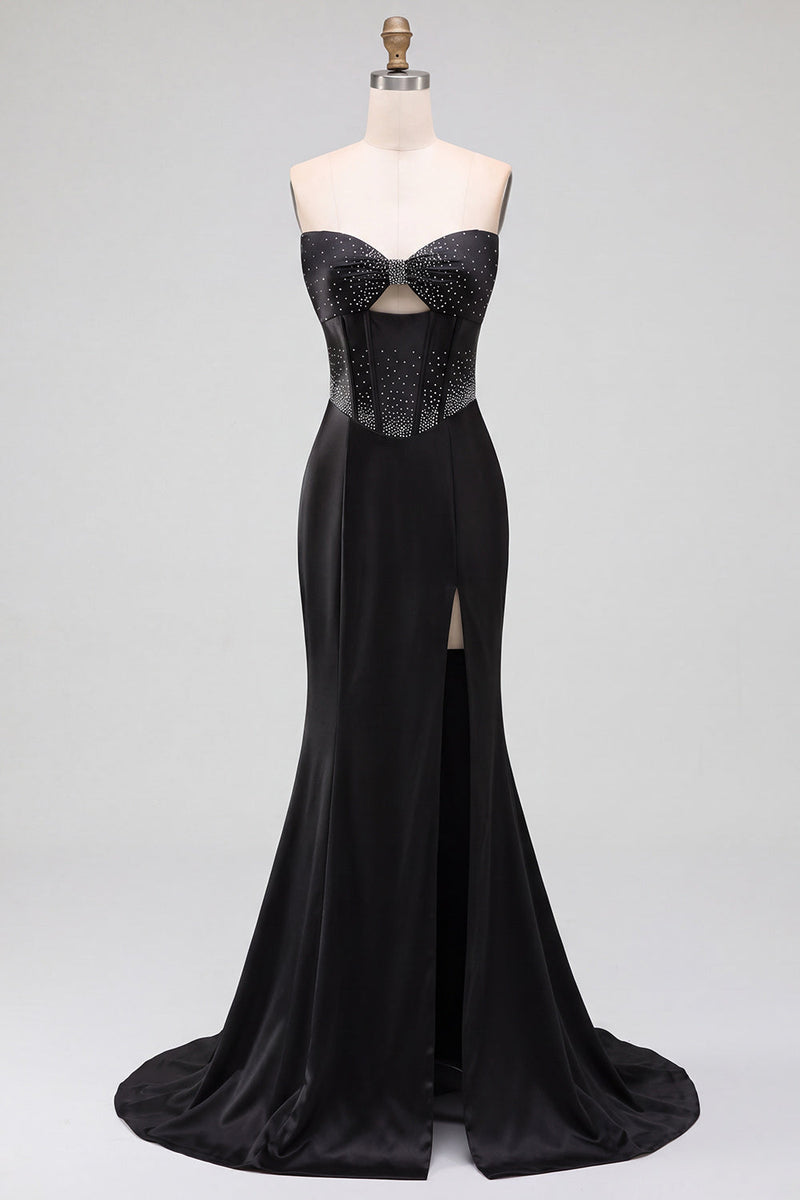 Laden Sie das Bild in den Galerie-Viewer, Satinschwarzes Meerjungfrauen-Cut-out-Korsett-Trägerloses Maxikleid mit Seitenschlitz